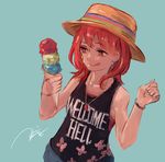  adapted_costume black_shirt clothes_writing collarbone earrings food green_background hands_up hat hecatia_lapislazuli ice_cream ice_cream_cone jewelry kouzuki_kei necklace red_eyes red_hair shirt shorts signature simple_background solo standing straw_hat tongue tongue_out touhou wristband 