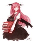  book book_stack breast_rest breasts carrying cowboy_shot demon_girl demon_wings head_wings holding holding_book hoshibuchi juliet_sleeves koakuma large_breasts long_hair long_sleeves looking_at_viewer necktie pointy_ears puffy_sleeves red_eyes red_hair shirt skirt skirt_set solo touhou very_long_hair vest wings 