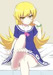  barefoot blonde_hair blush_stickers bracelet doughnut dress eating feet food highres jewelry long_hair monogatari_(series) oshino_shinobu school_uniform serafuku sitting solo xingnai yellow_eyes 