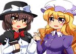  bad_id bad_pixiv_id blonde_hair blush book bow brown_eyes brown_hair capelet dr.latency's_freak_report fedora hands_together hat hat_bow maribel_hearn mob_cap motsu_(selshia12) multiple_girls open_mouth purple_eyes steepled_fingers touhou usami_renko white_bow 