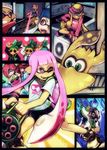  5boys 5girls bike_shorts black_shorts blue_eyes domino_mask dual_squelcher_(splatoon) fangs gas_mask goggles green_hair headband heavy_splatling_(splatoon) highres holding holding_weapon ink_tank_(splatoon) inkling long_hair mask mineta_naoki multiple_boys multiple_girls octarian one_eye_closed open_mouth orange_hair paint_splatter pink_eyes pink_hair pointy_ears print_shirt red_hair shirt short_hair short_sleeves shorts single_vertical_stripe sitting smile snorkel splatoon_(series) splatoon_1 splattershot_jr_(splatoon) sunglasses t-shirt takozonesu tentacle_hair topknot visor_cap weapon white_shirt wristband 