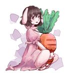  animal_ears black_hair brown_eyes bunny_ears carrot carrot_necklace dress floppy_ears highres hoshibuchi inaba_tewi jewelry pendant pink_dress puffy_short_sleeves puffy_sleeves short_sleeves sitting solo touhou 