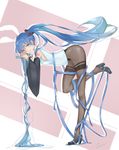  absurdres aqua_eyes bent_over blue_hair detached_sleeves from_side full_body hatsune_miku high_heels highres interlocked_fingers lanzi_(415460661) long_hair looking_at_viewer microphone microphone_stand pantyhose solo thighband_pantyhose twintails very_long_hair vocaloid 