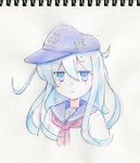  anchor_symbol blue_eyes blue_hair eyebrows eyebrows_visible_through_hair graphite_(medium) hat hibiki_(kantai_collection) jitome kantai_collection long_hair looking_at_viewer paper_background photo school_uniform solo tonmoh traditional_media upper_body watercolor_(medium) white_hair 