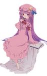  aoi_(annbi) blue_bow blue_ribbon book bow capelet crescent crescent_hair_ornament dress frilled_dress frilled_sleeves frills hair_ornament hair_ribbon hat hat_ribbon highres long_hair long_sleeves looking_at_viewer mob_cap patchouli_knowledge pink_dress purple_eyes purple_hair red_bow red_ribbon ribbon sitting solo touhou very_long_hair wide_sleeves 