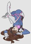  ahoge arm_up bangs bodysuit breasts brown_eyes brown_hair bubble_blowing chewing_gum clenched_hand d.va_(overwatch) emblem facial_mark flat_color full_body gloves grey_background hair_spread_out hand_up head_tilt headphones highres legs_up long_hair looking_at_viewer looking_back medium_breasts open_hand overwatch parted_bangs simple_background solo splashbrush transparent upside-down whisker_markings 