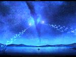  bird blue boat chitose_rin english letterboxed mountain night night_sky original outdoors scenery silhouette sky star_(sky) transparent water_surface watercraft 