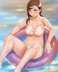  arm_support bad_anatomy bad_leg bare_shoulders brown_hair collarbone final_fantasy final_fantasy_vii highres innertube long_hair looking_at_viewer momi_age navel parted_lips red_eyes smile solo spread_legs swimsuit tan tanline tifa_lockhart water 