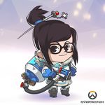  artist_request beads blue_gloves boots brown_eyes brown_hair chibi copyright_name full_body glasses gloves hair_bun hair_ornament hair_stick lowres mei_(overwatch) official_art overwatch smile solo standing 