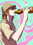  brown_hair bucket_hat character_name drinking facial_hair hat long_hair looking_at_viewer male_focus multicolored multicolored_background mustache oil oiri_iori solo stubble tonkatsu_dj_agetarou uiui_(hage04195) upper_body 