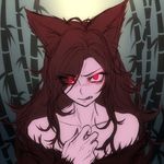  animal_ears bamboo bamboo_forest bare_shoulders brown_hair collarbone fangs forest fur glowing glowing_eyes imaizumi_kagerou long_hair looking_at_viewer miata_(miata8674) nature portrait red_eyes solo touhou wolf_ears 