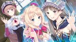  atelier_(series) atelier_meruru atelier_rorona atelier_totori blonde_hair blue_eyes breasts brown_eyes brown_hair cleavage crown hair_ornament indoors jewelry kishida_mel long_hair medium_breasts merurulince_rede_arls mini_crown multiple_girls necklace official_art open_mouth rororina_fryxell small_breasts smile strapless tears totooria_helmold 