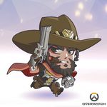  artist_request beard black_hair chibi cigar clenched_teeth copyright_name facial_hair full_body gun handgun hat lowres male_focus mccree_(overwatch) mouth_hold official_art overwatch revolver running solo teeth weapon 