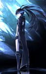  belt black_footwear black_gloves black_hair black_rock_shooter black_rock_shooter_(character) black_shorts blue_eyes boots burning_eye from_behind gloves highres knee_boots long_hair short_shorts shorts solo takka_(aegis9294) 