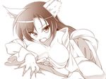  animal_ears breasts brooch claws fangs hachi_(chihagura) imaizumi_kagerou jewelry large_breasts long_hair long_sleeves looking_at_viewer monochrome no_bra off_shoulder shirt solo touhou wolf_ears 