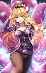  2016 ahri alternate_costume alternate_hair_color animal_ears artist_name bad_id bad_pixiv_id bangs belt blonde_hair bow breasts brown_legwear cleavage epaulettes eyebrows eyebrows_visible_through_hair felicia-val fox_ears fox_tail hair_between_eyes hat hat_bow hat_ribbon heart heart_necklace jacket league_of_legends light_particles long_hair long_sleeves medium_breasts microphone multiple_tails open_clothes open_jacket outstretched_arm palms pantyhose peaked_cap popstar_ahri reaching ribbon salute shade signature smile solo sparkle tail whisker_markings white_bow 