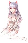  animal_ears breasts cleavage cleavage_cutout covering covering_crotch eyebrows eyebrows_visible_through_hair fang heart highres long_hair looking_at_viewer medium_breasts meme_attire open-chest_sweater open_mouth original paw_print ribbed_sweater silver_(chenwen) silver_hair sitting solo sweater tail thighhighs wariza white_background white_legwear yellow_eyes 