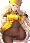  bangs banned_artist blonde_hair blue_eyes breasts brown_legwear closed_mouth fay_(fay_axl) feet flower gloves guilty_gear guilty_gear_xrd hair_tucking hand_in_hair hat head_tilt large_breasts long_hair long_sleeves looking_at_viewer md5_mismatch millia_rage no_shoes panties panties_under_pantyhose pantyhose pov_feet sitting smile solo swept_bangs toenails toes underwear very_long_hair white_background white_gloves white_panties yellow_hat 