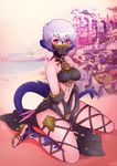  au_ra breasts chicapixel final_fantasy final_fantasy_xiv horns lavender_hair looking_at_viewer navel red_eyes short_hair solo stomach tail veil wariza 