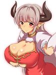  alicia_(granblue_fantasy) blush breast_hold breasts center_opening cleavage commentary_request cross cross_earrings draph dress earrings fujikusa granblue_fantasy grey_hair horns huge_breasts jewelry long_hair looking_at_viewer pointy_ears red_dress red_eyes smile solo tareme underboob upper_body 