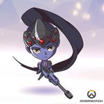  artist_request chibi frown full_body gun head_mounted_display long_hair looking_at_viewer lowres mask mask_on_head official_art overwatch ponytail purple_hair purple_skin rifle sniper_rifle solo very_long_hair weapon widowmaker_(overwatch) yellow_eyes 