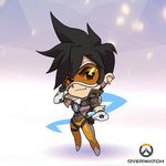  artist_request black_gloves black_hair bodysuit chibi ear_piercing full_body gloves goggles hand_on_hip lowres official_art orange_bodysuit overwatch piercing short_hair solo standing tracer_(overwatch) 