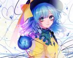  aqua_eyes bad_id bad_pixiv_id blue_hair daimaou_ruaeru hat hat_ribbon heart heart_of_string komeiji_koishi long_hair looking_at_viewer ribbon shirt solo third_eye touhou upper_body wavy_hair 