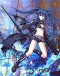  belt black_bikini_top black_footwear black_gloves black_hair black_rock_shooter black_rock_shooter_(character) black_shorts blue_eyes boots burning_eye chain checkered checkered_background flat_chest front-tie_bikini front-tie_top gloves highres holding holding_sword holding_weapon knee_boots long_hair looking_at_viewer short_shorts shorts solo sword twintails wakou_tensui weapon 
