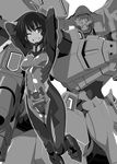  ahoge antenna_hair armor arms_behind_head arms_up bangs bodysuit breasts covered_navel covered_nipples dark_skin greyscale looking_at_viewer mecha monochrome muvluv muvluv_alternative muvluv_total_eclipse one_eye_closed otoo_(izanagi) pilot_suit short_hair skin_tight small_breasts smile tarisa_manandal weapon white_background 