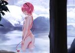  arm_at_side ass blurry depth_of_field flat_ass flat_chest from_side hairband hand_on_own_chest highres ke-ta komeiji_satori nude onsen outdoors pink_hair profile red_eyes short_hair snow solo third_eye touhou towel wading water wet 