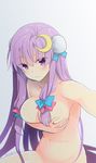  bad_id bad_pixiv_id bangs blue_bow blush bow breasts bun_cover circle_name cleavage covering covering_breasts crescent crescent_hair_ornament double_bun eyebrows eyebrows_visible_through_hair hair_bow hair_ornament large_breasts long_hair looking_at_viewer navel nude outstretched_arm patchouli_knowledge purple_eyes purple_hair reaching_out red_bow self_shot shigemiya_kyouhei sidelocks sitting solo stomach touhou twitter_username very_long_hair 