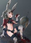  animal_ears blood bloody_weapon braid bunny_ears capelet gloves grey_hair high_heels highres horn lance long_hair midriff open_mouth original planted_weapon polearm red_eyes red_footwear roll_okashi shoes sitting solo thighhighs two_side_up weapon white_gloves white_legwear 