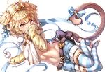  andira_(granblue_fantasy) animal_ears antenna_hair artist_name barefoot beads bell belt belt_buckle black_bow blonde_hair blue_ribbon blush bow buckle closed_mouth covering_mouth erune eyebrows eyebrows_visible_through_hair fur_collar fur_trim granblue_fantasy groin hairband jingle_bell long_sleeves looking_at_viewer magma_chipmunk midriff monkey_ears monkey_tail navel pom_pom_(clothes) red_eyes ribbon short_hair shorts smile solo stomach striped striped_legwear tail tail_ribbon thighhighs toeless_legwear 