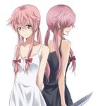  arms_behind_back black_dress breasts cleavage collarbone dress dual_persona gasai_yuno hair_over_eyes holding holding_weapon knife long_hair maruki_(punchiki) mirai_nikki multiple_girls pink_hair simple_background small_breasts sundress weapon white_background white_dress 