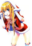  adelina blonde_hair blue_eyes collarbone full_metal_panic!_another hat highres hood long_hair looking_at_viewer miniskirt navel red_skirt santa_hat simple_background skirt solo white_background 