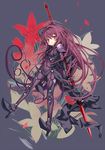 armor armored_boots bodysuit boots covered_navel fate/grand_order fate_(series) full_body gae_bolg high_heels holding holding_weapon long_hair looking_at_viewer parted_lips purple_bodysuit purple_hair red_eyes scathach_(fate)_(all) scathach_(fate/grand_order) shino_(eefy) shoulder_armor solo very_long_hair weapon younger 