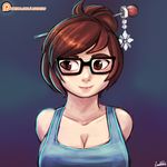  black-framed_eyewear breasts cleavage closed_mouth collarbone glasses gradient gradient_background hair_ornament hairpin large_breasts looking_away lumineko mei_(overwatch) overwatch patreon_logo patreon_username self_upload tank_top upper_body watermark web_address 