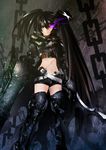  absurdres armor armored_boots belt black_footwear black_hair black_legwear black_rock_shooter black_rock_shooter_(character) black_shorts boots burning_eye chain highres holding holding_sword holding_weapon insane_black_rock_shooter long_hair looking_at_viewer metal_boots navel purple_eyes san_rei_juko scar short_shorts shorts solo sword thigh_boots thighhighs twintails weapon 
