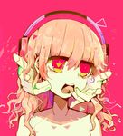  bangs blunt_bangs close-up collarbone face glass_shards hair_between_eyes headphones looking_to_the_side nude open_mouth original pink_background pink_hair red_eyes solo tera tongue tongue_out upper_body 