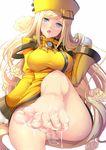  bangs banned_artist barefoot blonde_hair blue_eyes blurry breasts cum dripping fay_(fay_axl) feet flower gloves guilty_gear guilty_gear_xrd hair_tucking hand_in_hair hat head_tilt large_breasts long_hair long_sleeves looking_at_viewer md5_mismatch millia_rage no_legwear open_mouth panties pov_feet pussy_juice saliva sitting smile solo suggestive_fluid swept_bangs tears toenails toes underwear very_long_hair white_background white_gloves white_panties yellow_hat 