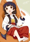  ainu_clothes amayadori_machi bangs bear black_hair blunt_bangs blush book brown_eyes commentary_request eating food food_on_face hair_ribbon hakama headband highres japanese_clothes kumai_natsu kumamiko long_hair low_twintails miko muku_(muku-coffee) no_shoes open_mouth reading red_hakama ribbon sitting sitting_on_lap sitting_on_person sweet_potato tabi twintails white_legwear 