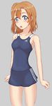  :o adidas azusa_(sukumizuya) blue_eyes blush breasts brown_hair cowboy_shot grey_background highres kousaka_honoka love_live! love_live!_school_idol_project medium_breasts one-piece_swimsuit one_side_up open_mouth school_swimsuit sideboob solo swimsuit 