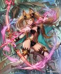  ;q animal_ears arrow bow_(weapon) breasts drawing_bow erune granblue_fantasy hair_ornament highres holding holding_arrow holding_bow_(weapon) holding_weapon lee_hyeseung left-handed long_hair looking_at_viewer medium_breasts metera_(granblue_fantasy) mole mole_under_mouth one_eye_closed outstretched_arm see-through shingeki_no_bahamut smile solo thighhighs tongue tongue_out twintails weapon 