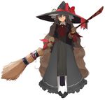  black_dress blue_eyes bow bowtie broom brown_gloves brown_hair coat dress full_body gloves hat hat_bow highres lizard long_hair looking_at_viewer miruto_netsuki open_clothes open_coat original solo very_long_hair witch witch_hat 