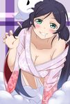  absurdres baliu blush breasts cleavage ghost green_eyes grin highres japanese_clothes kimono large_breasts long_hair love_live! love_live!_school_idol_project off_shoulder purple_hair saliva smile solo teeth toujou_nozomi wide_sleeves yukata 