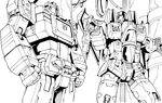  2boys akatsuki_(kantai_collection) cannon crossover decepticon greyscale insignia kamizono_(spookyhouse) kantai_collection machinery mecha monochrome multiple_boys open_mouth soundwave starscream transformers 