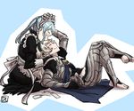  artist_name barefoot blue_hair closed_eyes crossed_legs dl female_my_unit_(fire_emblem_if) fire_emblem fire_emblem_if flora_(fire_emblem_if) forehead_kiss kiss lying maid maid_headdress mamkute multiple_girls my_unit_(fire_emblem_if) on_back pointy_ears silver_hair sitting smile yuri 