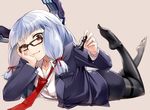  alternate_costume bangs bespectacled black_legwear blunt_bangs blush brown_eyes buttons chess_piece formal glasses hair_ribbon hand_on_own_cheek hand_on_own_face head_rest headgear kantai_collection legs_up long_hair long_sleeves looking_at_viewer loose_necktie lying murakumo_(kantai_collection) necktie on_stomach one_eye_closed pantyhose pencil_skirt queen_(chess) red_neckwear ribbon short_eyebrows sidelocks silver_hair simple_background skirt skirt_suit solo suit thighband_pantyhose tress_ribbon yasu_(yossy) 