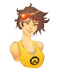  bad_id bad_tumblr_id bare_shoulders breasts brown_eyes brown_hair casual earrings freckles goggles highres jewelry lips looking_at_viewer medium_breasts overwatch short_hair simple_background smile solo superboin tank_top tracer_(overwatch) upper_body white_background 