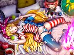  american_flag_dress american_flag_legwear american_flag_panties apple blonde_hair blue_bow blush bow breasts chain character_doll closed_eyes clothes_writing clownpiece cup dress dress_lift earth_(ornament) fire food frilled_pillow frills fruit hat hecatia_lapislazuli jester_cap long_hair lying navel neck_ruff no_shoes on_back open_mouth panties pillow plate polka_dot pom_pom_(clothes) print_dress print_legwear print_panties redoredo_(godprogress) ribbon-trimmed_panties saucer short_sleeves sleeping small_breasts solo sphere spread_legs star star_print stomach striped striped_legwear tea teacup thighhighs torch touhou underwear very_long_hair yellow_bow 